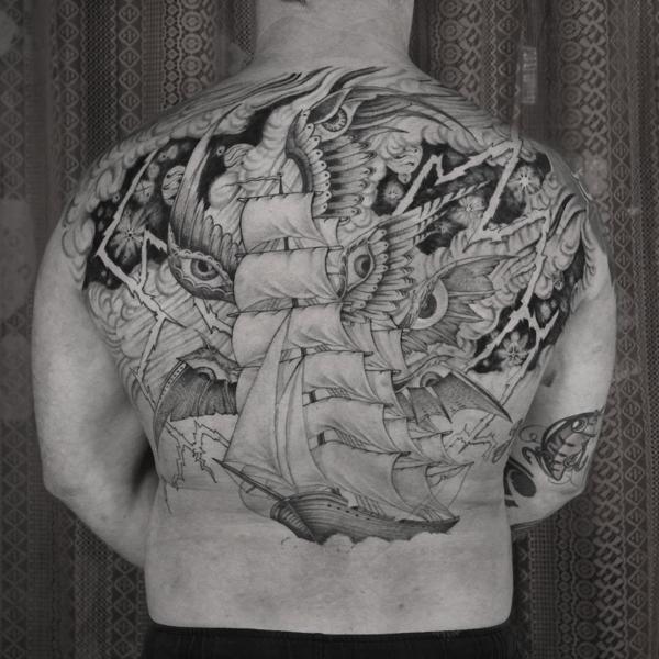 Black And Grey Realism ship and owl tattoo by @aarondor