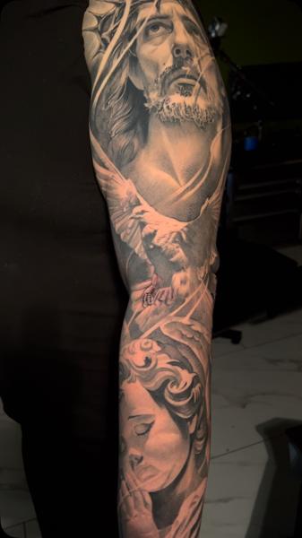 Realism religious portrait tattoo by @abeyalvarez3frtat2