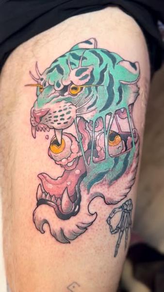 Traditional tiger head tattoo by @abishroom_tattoos
