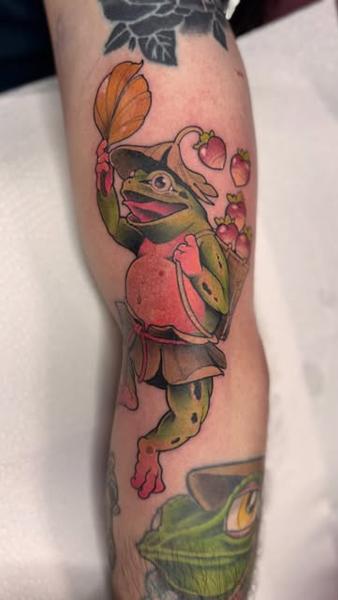Illustrative frog with strawberries tattoo by @abishroom_tattoos