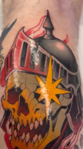 Traditional flaming skull tattoo by @abishroom_tattoos