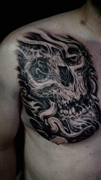 Blackwork skull tattoo by @ablack_art