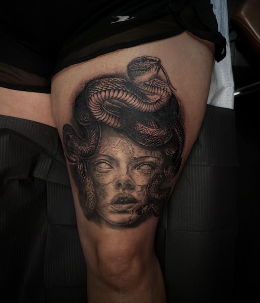 Realism medusa head tattoo by @ablack_art