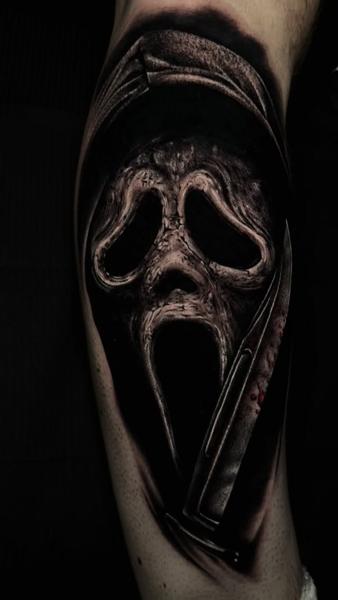 Realism scream mask tattoo by @abraham.tattooist