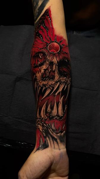 Illustrative demonic skull tattoo by @abraham.tattooist