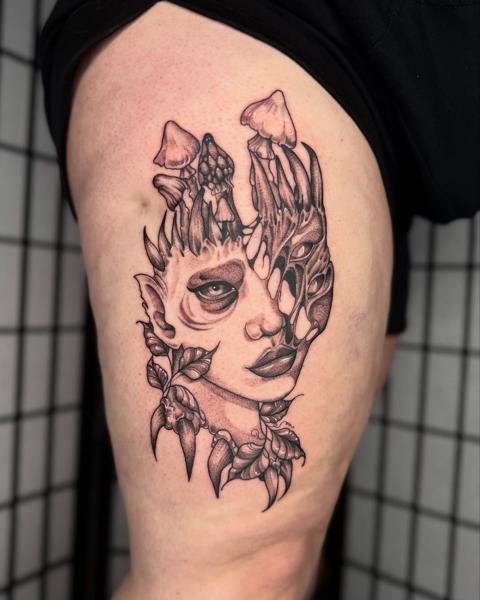 Blackwork surreal mushroom face tattoo by @acidartist
