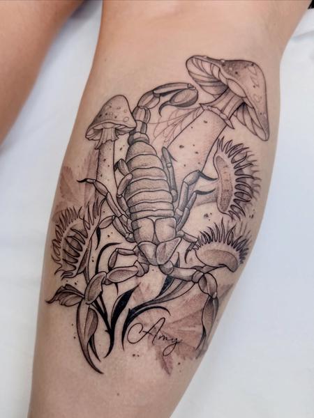 Blackwork scorpion mushrooms flytrap tattoo by @acidartist