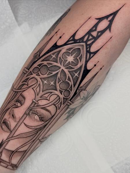 Blackwork gothic window woman tattoo by @acidartist