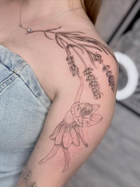 Fine line lavender fairy tattoo by @acidartist