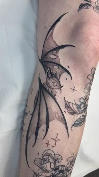 Dotwork flying bat tattoo by @acidartist