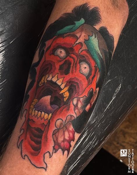 Traditional demonic skull tattoo by @sunstormtattoo