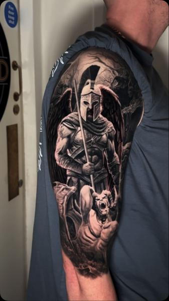 Realism warrior and beast tattoo by @adamblakeytattoos