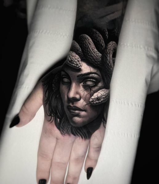 Realism medusa portrait tattoo by @adamblakeytattoos