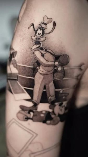 Illustrative goofy boxing mickey tattoo by @adamdeanart