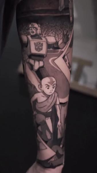 Illustrative cartoon characters tattoo by @adamdeanart