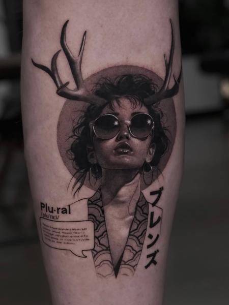 Realism antlered woman portrait tattoo by @adamdeanart