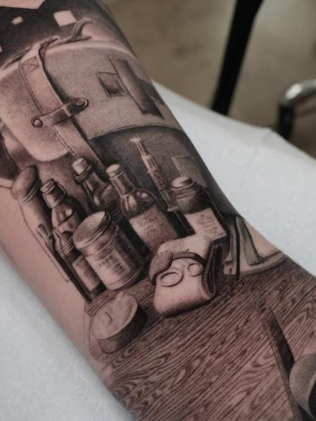 Realism apothecary items tattoo by @adamdeanart