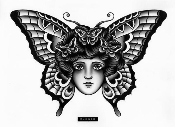 Neo-traditional moth woman tattoo by @hudsontattoo
