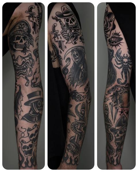 Blackwork horror collage tattoo by @hudsontattoo