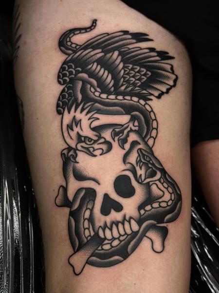 Traditional eagle snake skull tattoo by @hudsontattoo