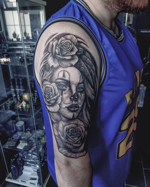 Black and grey realism clown woman roses tattoo by @adsnowden_tattoo