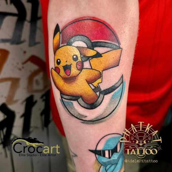Color Realism pikachu pokeball tattoo by @adelepktattoo
