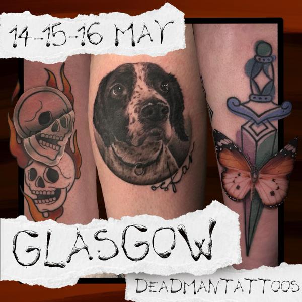 Realism dog portrait tattoo by @adelepktattoo
