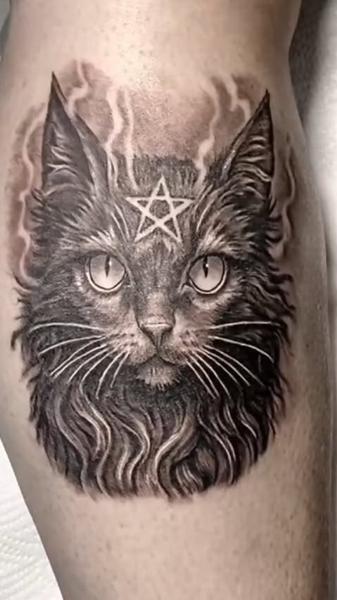 Realism mystical cat tattoo by @ade_truemantattoo