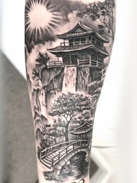 Realism japanese landscape tattoo by @ade_truemantattoo