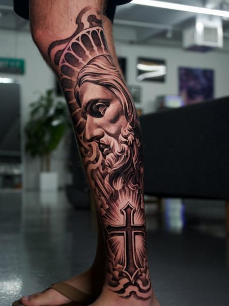 Realism religious portrait tattoo by @adtattoos