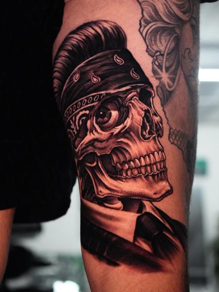 Realism skull portrait tattoo by @adtattoos