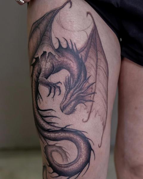 Illustrative fantasy dragon tattoo by @angiek.tattoo