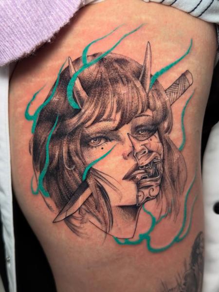 Dotwork oni mask woman tattoo by @angelo.oxblood