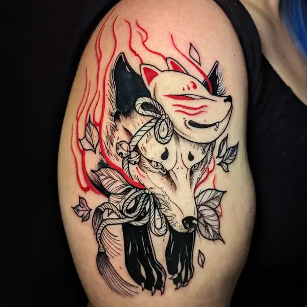 Neo-traditional kitsune fox mask tattoo by @angelo.oxblood