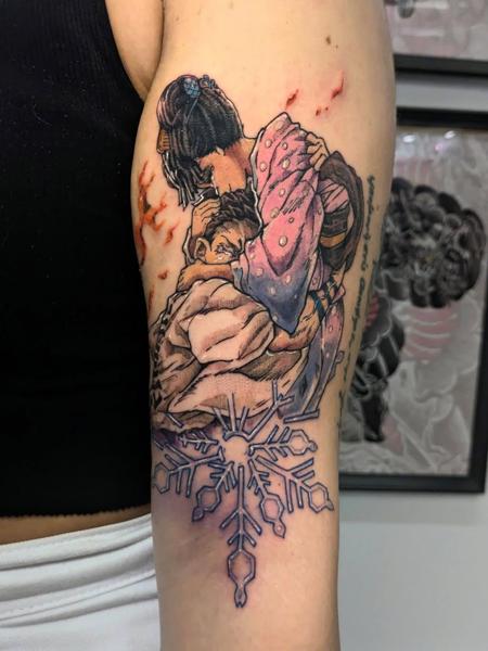 Anime anime embrace snowflake tattoo by @angelo.oxblood