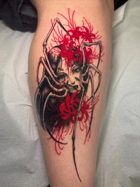 Illustrative horror spider woman tattoo by @angelo.oxblood