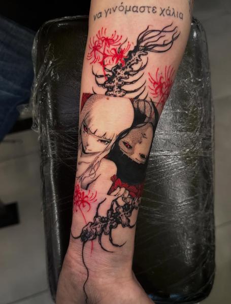 Anime anime characters, skeletal flowers tattoo by @angelo.oxblood