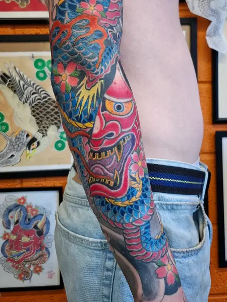 Japanese japanese mask tattoo by @akhil.tattoo