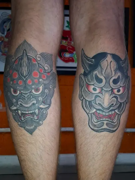 Japanese japanese masks tattoo by @akhil.tattoo