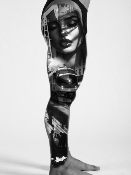 Realism woman and train tattoo by @akuznecovas_tattoo
