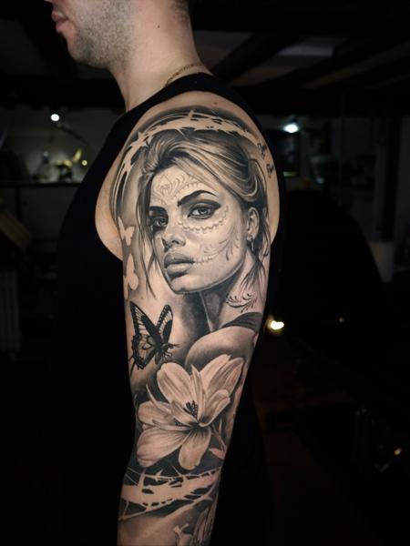 Realism day of the dead woman tattoo by @akuznecovas_tattoo