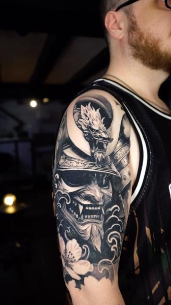 Japanese samurai mask tattoo by @akuznecovas_tattoo