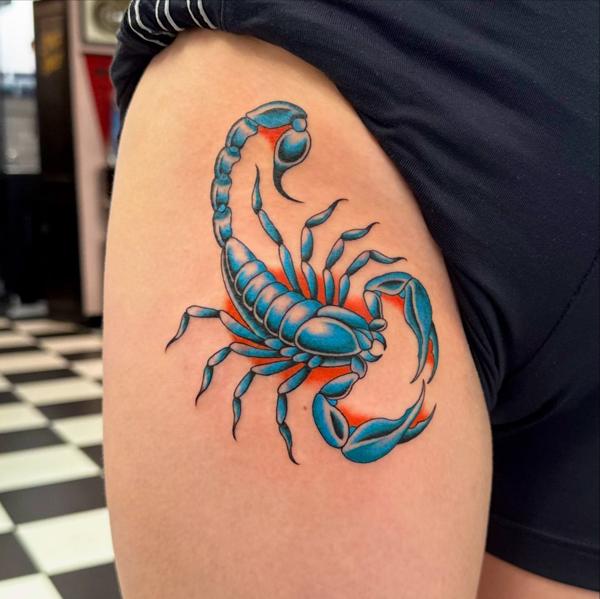 Traditional blue scorpion tattoo by @al_pomeroy