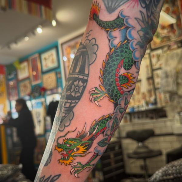 Traditional dragon tattoo by @al_pomeroy