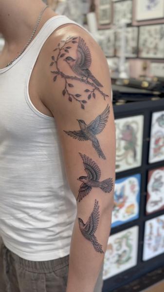 Black And Grey flying birds tattoo by @al_pomeroy