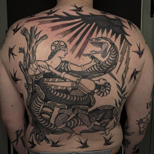Traditional warrior and snake tattoo by @alberto_sagripanti