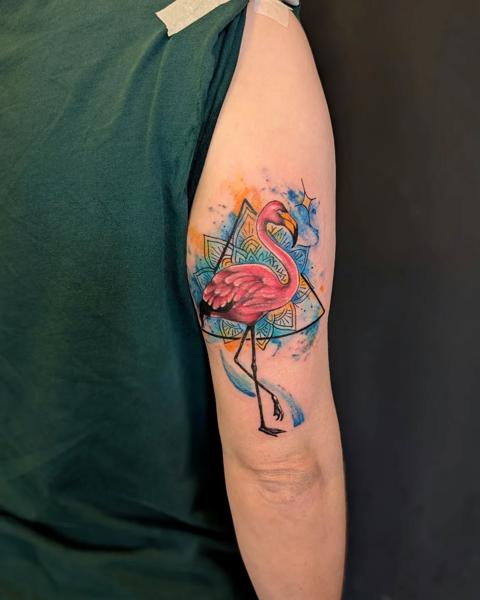 Watercolor flamingo mandala tattoo by @aleksgtattooart