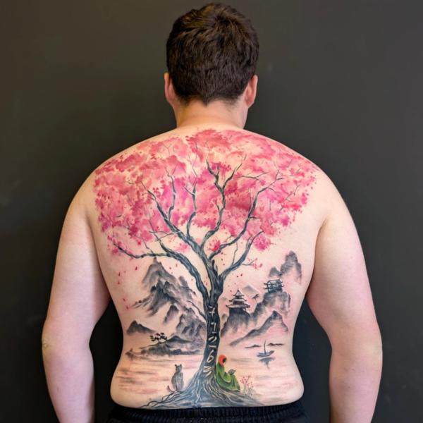 Japanese cherry blossom tree tattoo by @aleksgtattooart