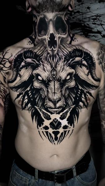 Blackwork goat skull tattoo by @alex_scharow