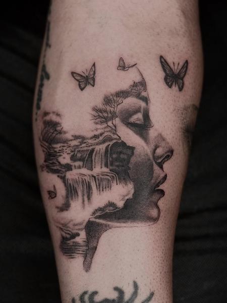 Black and grey realism waterfall portrait tattoo by @dahoonietattoo